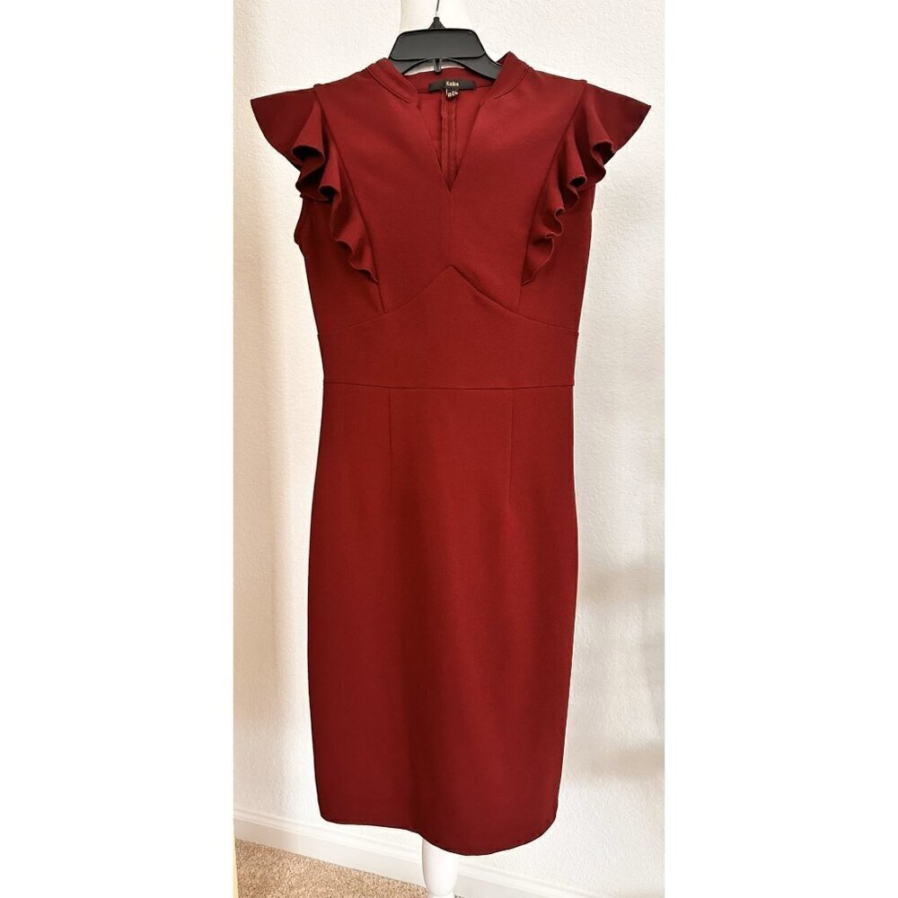 Knitee Womens Vintage Ruffle Sleeve V-Neck Bodycon Evening Party Cocktail Pencil